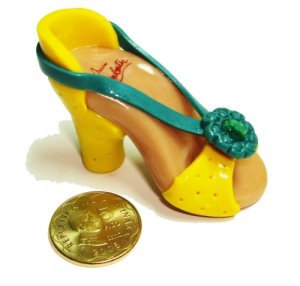 Designer Shoe Miniature compared to a 5peso coin